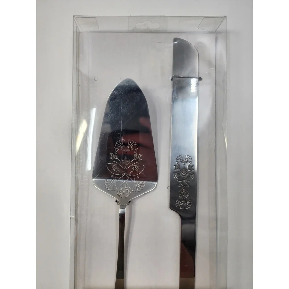 Style Me Pretty Cake Knife and Server Set Silver Etched Floral Wedding 34994 NEW